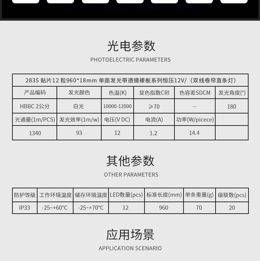 光电参数 photoelectric parameters 2835贴片12粒96018mm单面发光带