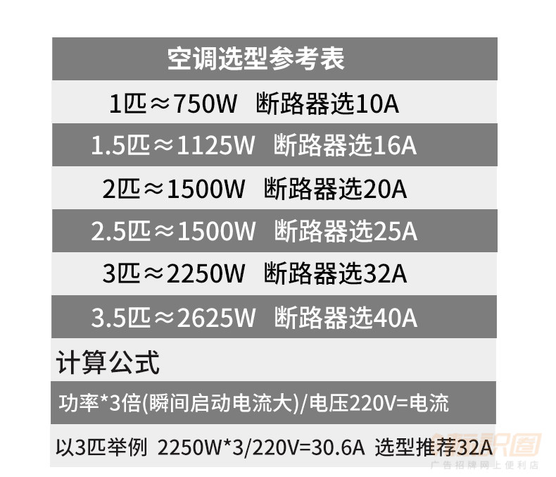 空开功率选择对照表图片