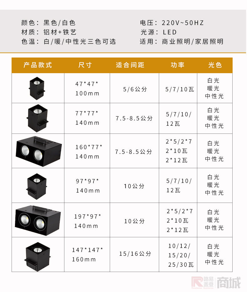 led 色温白暖中性光三色可选适用商业照明家居照明产品款式尺寸适合